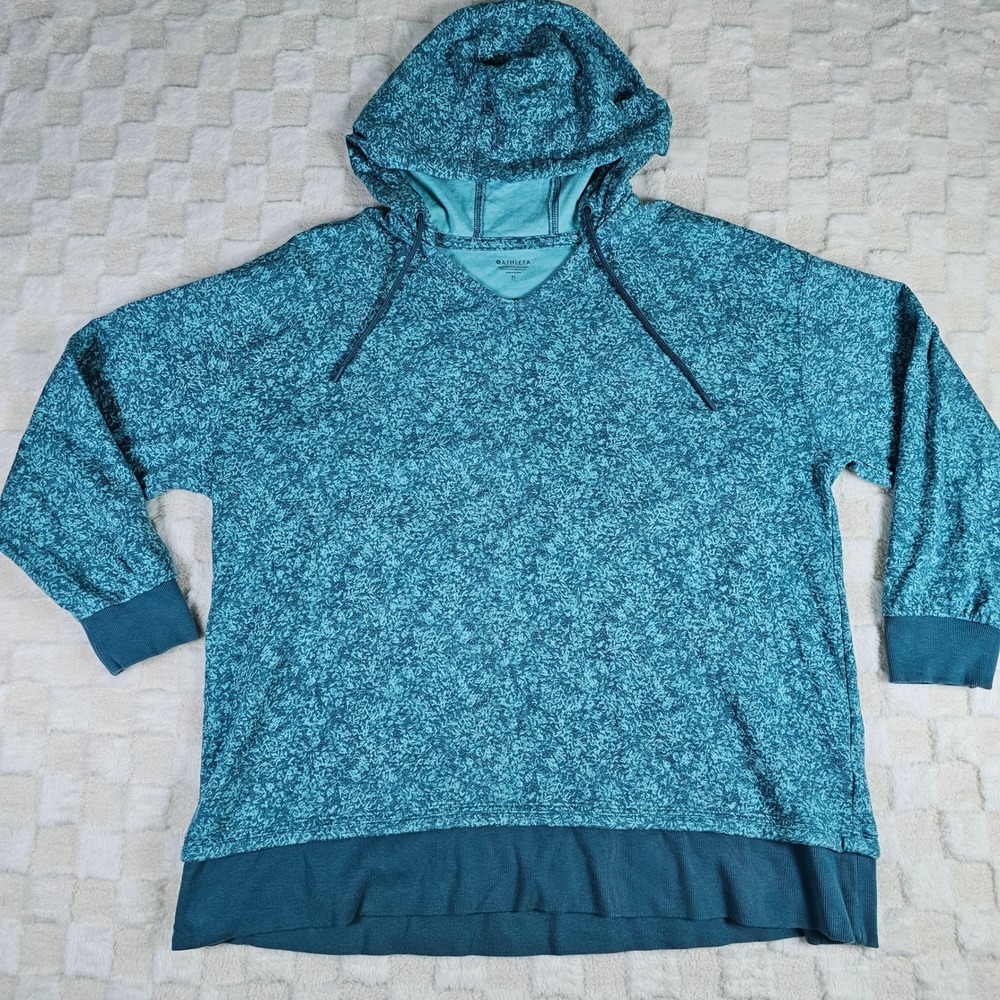 Athleta Sundown Alliance Hoodie XL Teal Blue Floral Cotton V-Neck Sweatshirt
